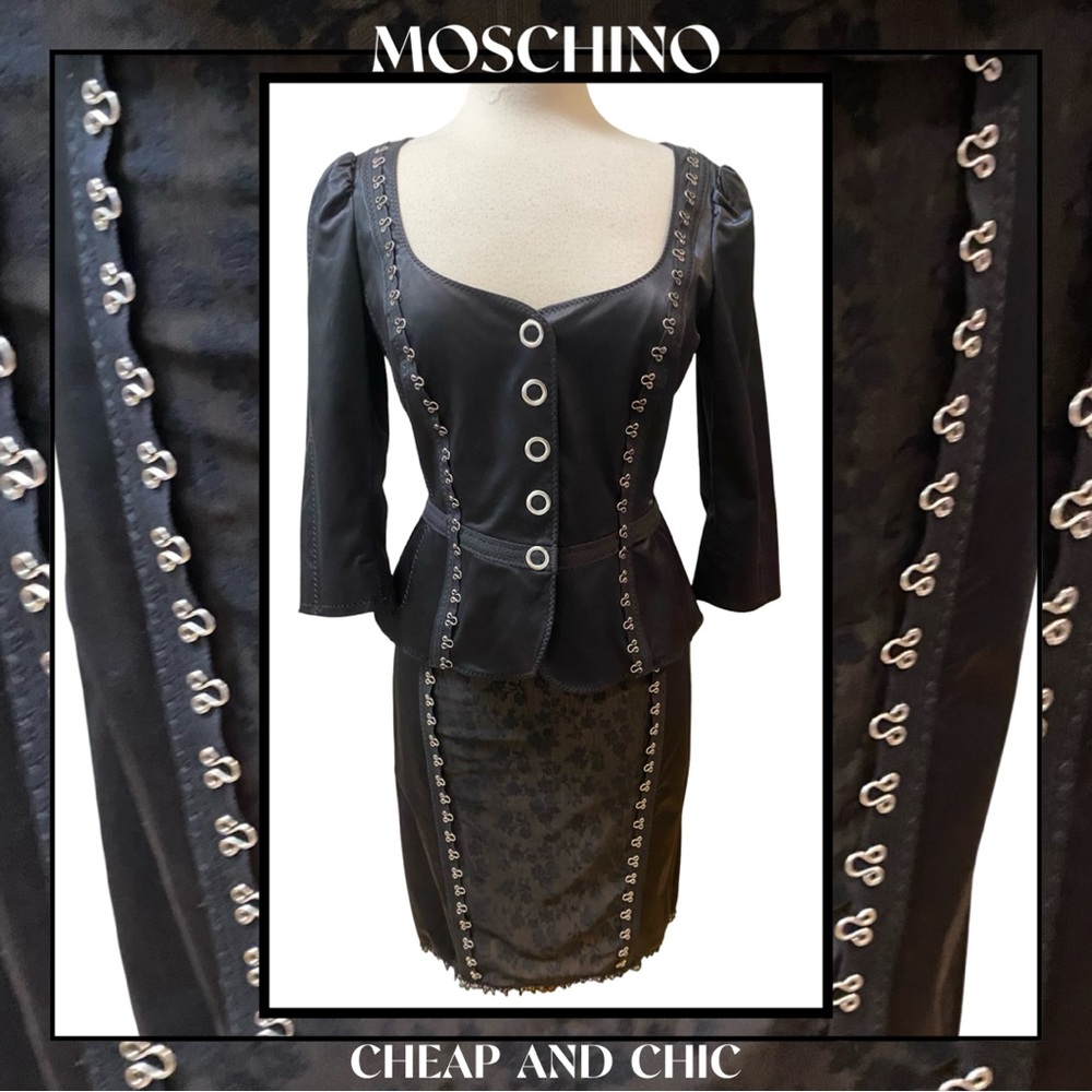 MOSCHINO Cheap and Chic Italy 2pc Black Satin Lace Jacket Top Skirt New 10/12